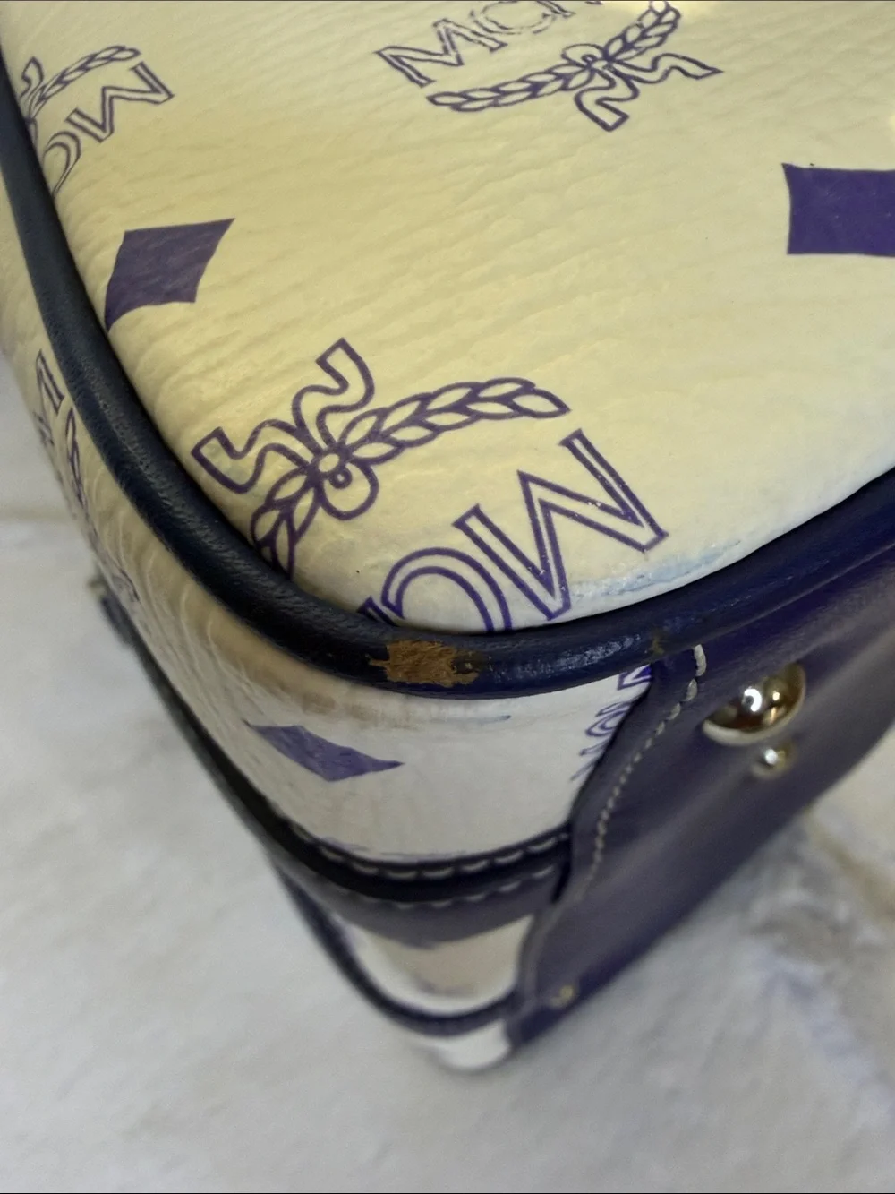 MCM White & Purple Visetos Boston Satchel with Silver Hardware